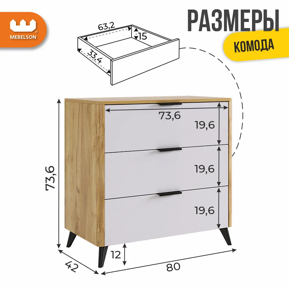 Фото 12 Комод Mebelson Адам 3 ящика 80x42x73.6 см ЛДСП цвет белое дерево/дуб крафт золотой Фото 12 Комод Mebelson Адам 3 ящика 80x42x73.6 см ЛДСП цвет белое дерево/дуб крафт золотой