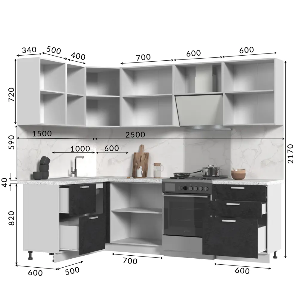 Фото 3 Кухонный гарнитур угловой со столешницей Лён 2.6 см Стендмебель Бетоны 190x217x150 см ЛДСП цвет бетон графит