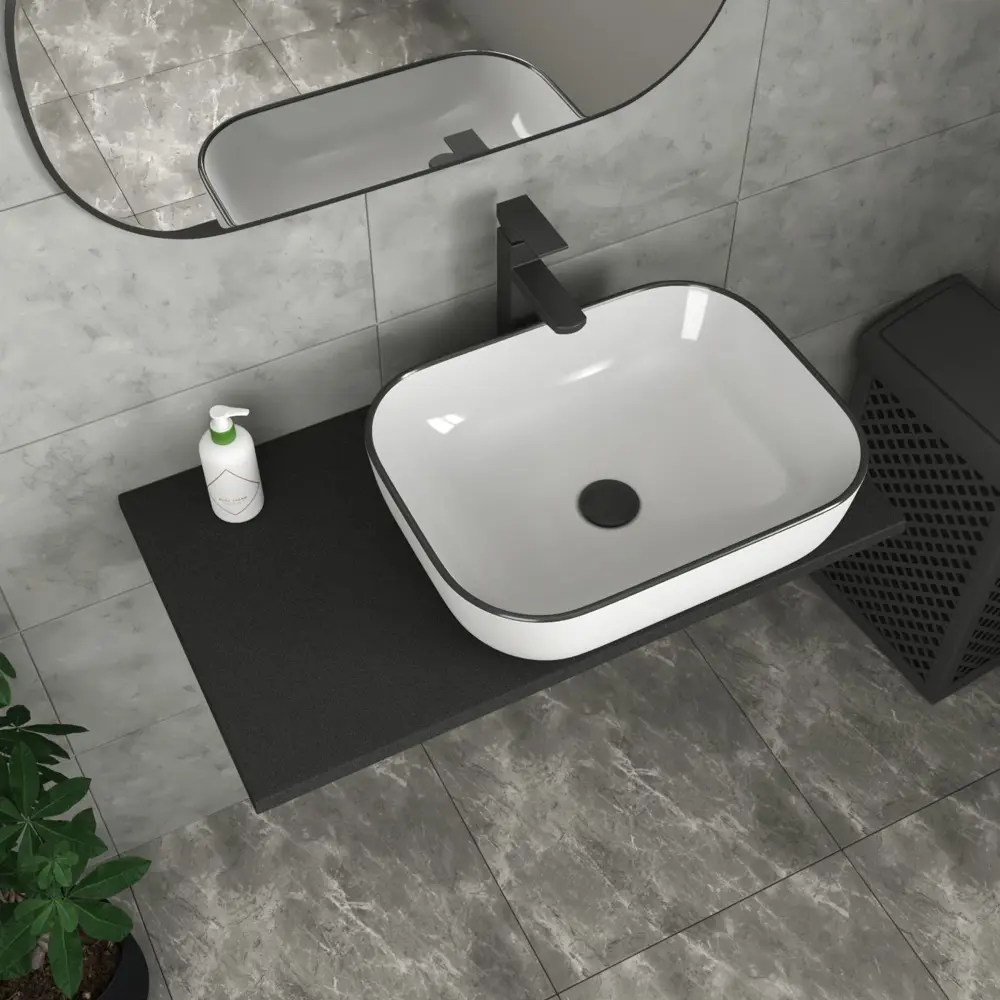 Фото 3 Комплект BAUEDGE BF1410: столешница кварц 80 см с кроншт. черн раковина Stil Black Rand 50x40 черный кант, смеситель Hotel Black, выпуск и сифон Stil Фото 3 Комплект BAUEDGE BF1410: столешница кварц 80 см с кроншт. черн раковина Stil Black Rand 50x40 черный кант, смеситель Hotel Black, выпуск и сифон Stil