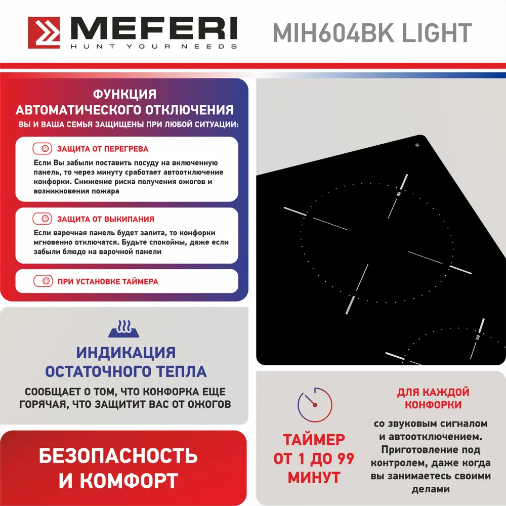 Фото 4 Индукционная варочная панель Meferi MIH604BK Light 59 см 4 конфорки цвет черный Фото 4 Индукционная варочная панель Meferi MIH604BK Light 59 см 4 конфорки цвет черный