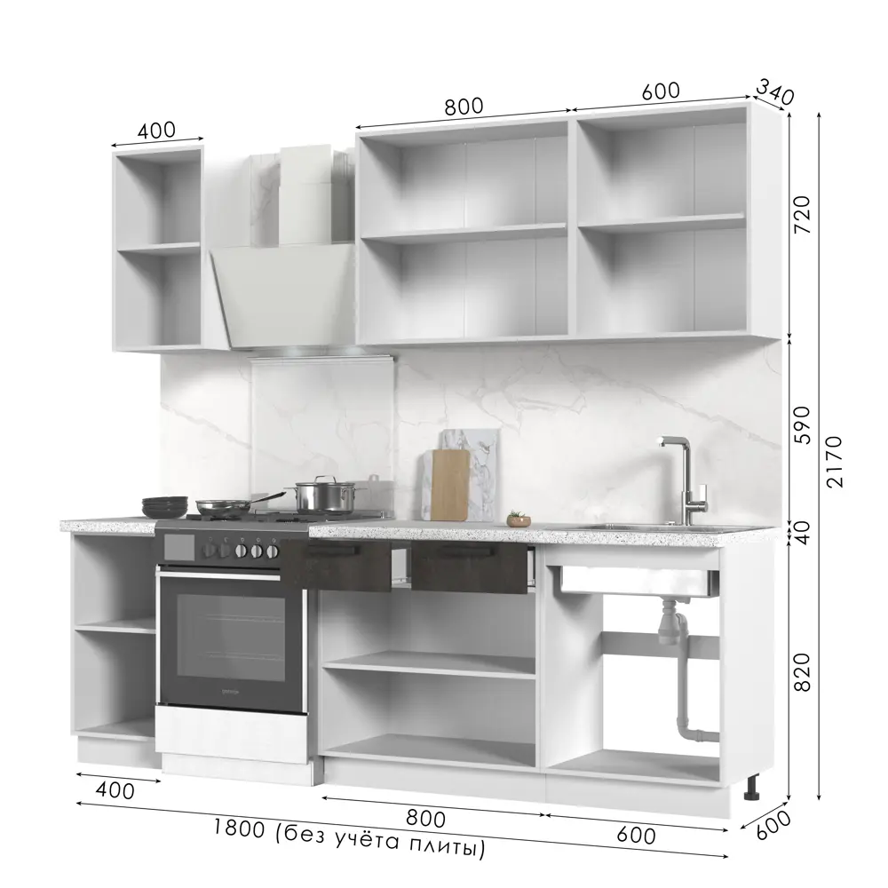 Фото 3 Кухонный гарнитур Стендмебель Пасаденна со столешницей Лен 180x217x60 см ЛДСП цвет белый/бежевый/угольный камень