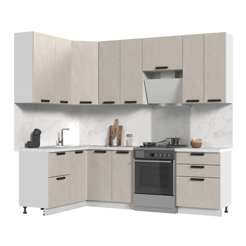 Фото Кухонный гарнитур со столешницей Лён 2.6 см Стендмебель Пасаденна 190x237x60 см ЛДСП цвет бежевый Фото Кухонный гарнитур со столешницей Лён 2.6 см Стендмебель Пасаденна 190x237x60 см ЛДСП цвет бежевый