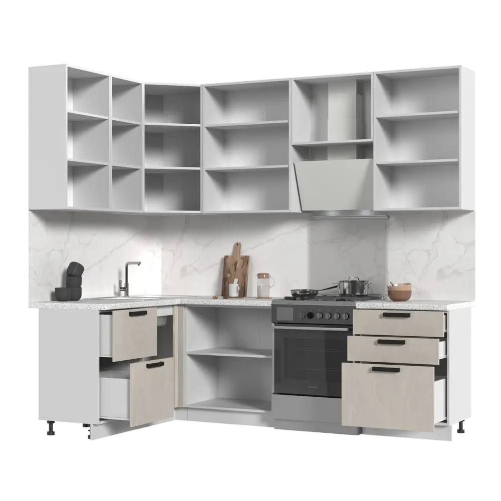 Фото 2 Кухонный гарнитур со столешницей 3.8 см Стендмебель Пасаденна 190x237x60 см ЛДСП цвет бежевый