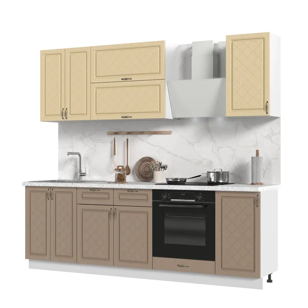 Фото Кухонный гарнитур со столешницей Лён 3.8 см Стендмебель Модена 240x217x60 см ЛДСП цвет белый/дуб ваниль/дуб кофе Фото Кухонный гарнитур со столешницей Лён 3.8 см Стендмебель Модена 240x217x60 см ЛДСП цвет белый/дуб ваниль/дуб кофе