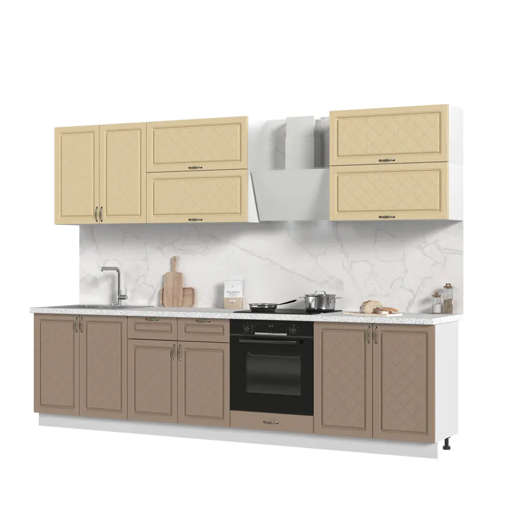 Фото Кухонный гарнитур Стендмебель Модена 300x217x60 см ЛДСП цвет белый/дуб ваниль/дуб кофе