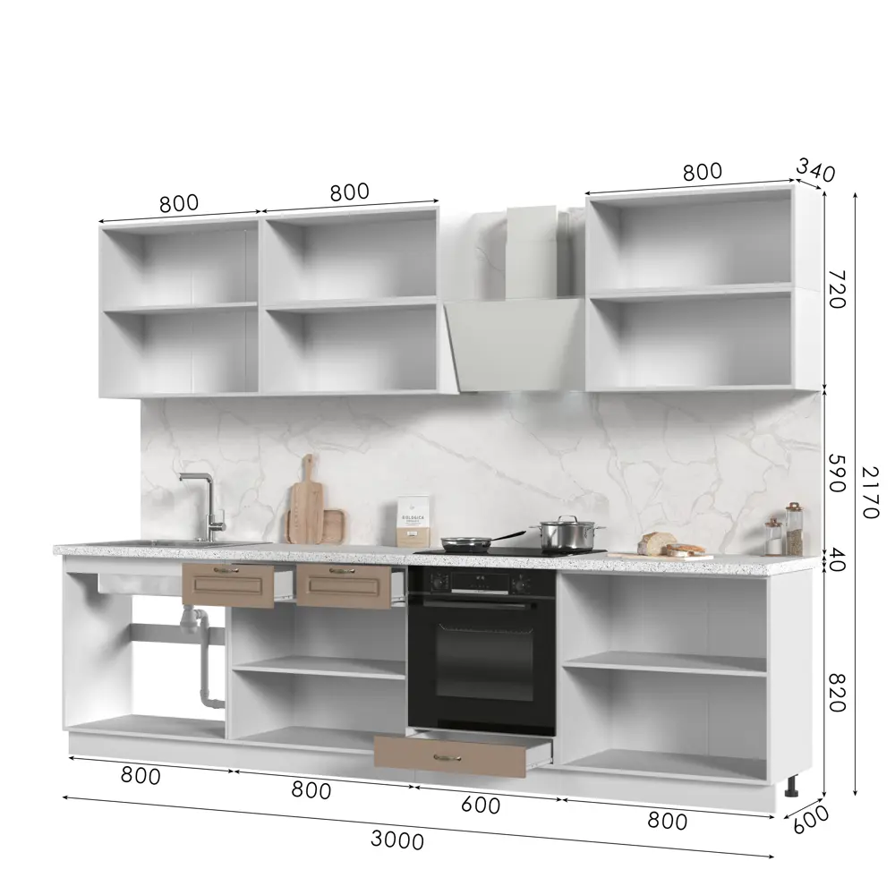 Фото 3 Кухонный гарнитур Стендмебель Модена 300x217x60 см ЛДСП цвет белый/дуб ваниль/дуб кофе