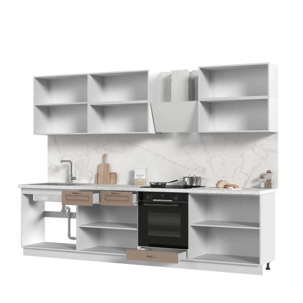 Фото 2 Кухонный гарнитур Стендмебель Модена 300x217x60 см ЛДСП цвет белый/дуб ваниль/дуб кофе