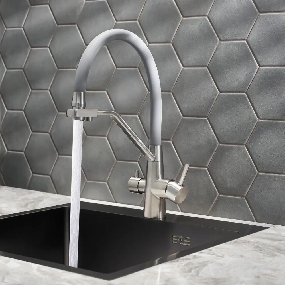 Фото 2 Смеситель для кухни Wasser zimmer Zm-6009Q с фильтром вставляется сверху гибкий излив 23 см цвет сатин/серый Фото 2 Смеситель для кухни Wasser zimmer Zm-6009Q с фильтром вставляется сверху гибкий излив 23 см цвет сатин/серый