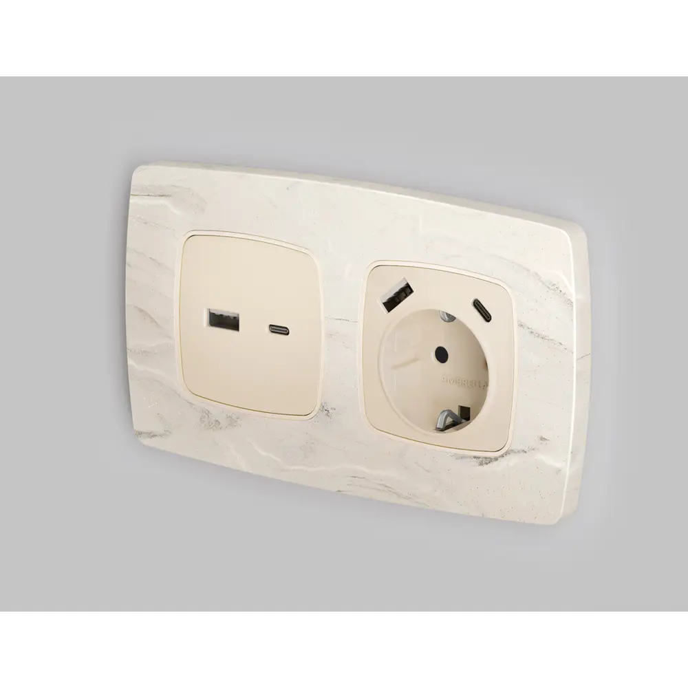 Фото Накладка для розетки с заземлением и со шторками 2USB A+C Ambrella volt Omega OP3300 цвет бежевый матовый