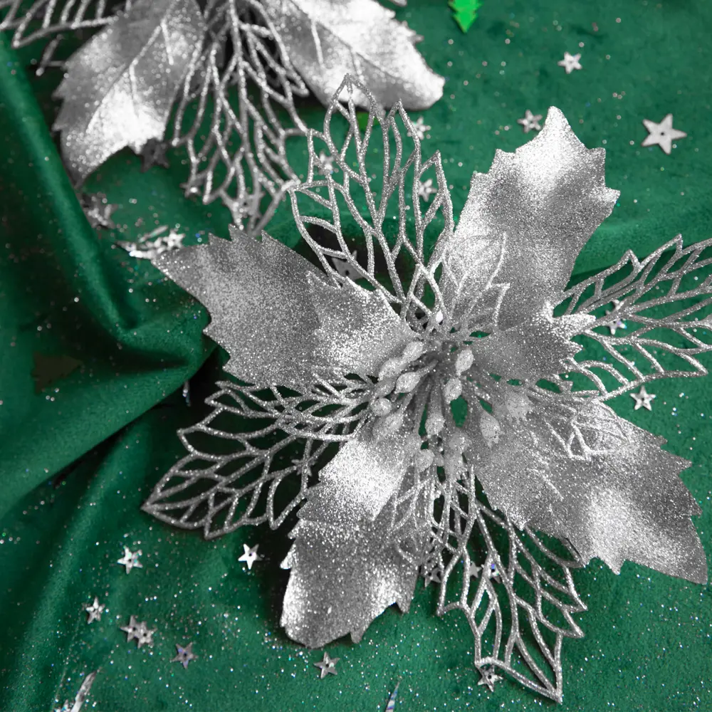 Фото 8 Украшение новогоднее "Цветок Рождественник", пластик, свет серебряный