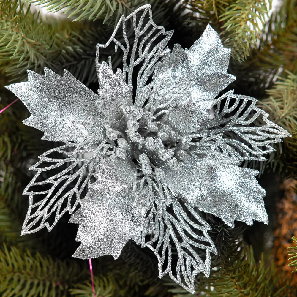 Фото 9 Украшение новогоднее "Цветок Рождественник", пластик, свет серебряный