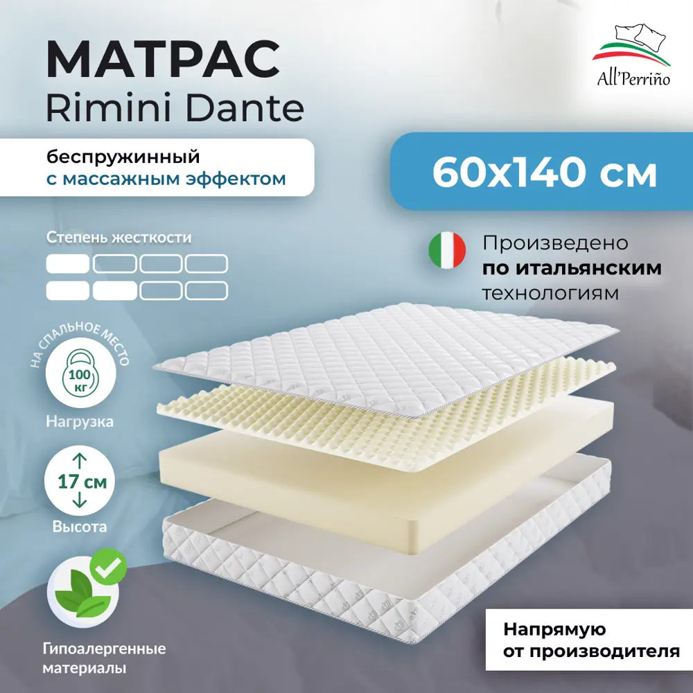 Фото Матрас All'perrino Rimini Dante Rim17/60/140Dn 60x140x17 см беспружинный детский Фото Матрас All'perrino Rimini Dante Rim17/60/140Dn 60x140x17 см беспружинный детский
