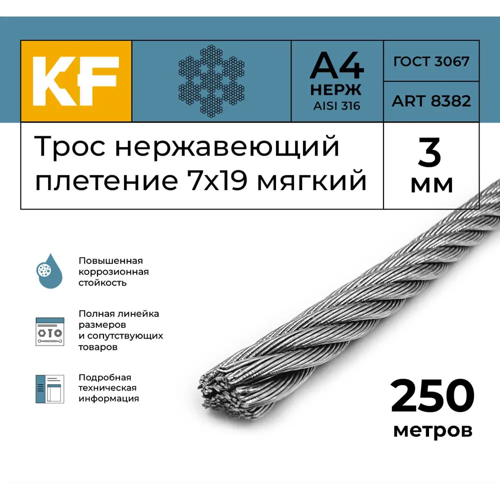 Фото 2 Трос нержавеющий Krepfield 3 мм сталь А4 плетение 7x19 мягкий 10 метров Фото 2 Трос нержавеющий Krepfield 3 мм сталь А4 плетение 7x19 мягкий 10 метров