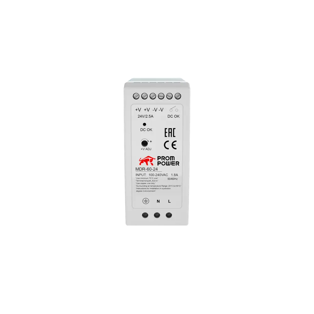 Фото Источник питания Prompower MDR-60-24 на выходе 24 В DC 2.5 А 60 Вт входное 85-264 В AC 120-370 В DC Фото Источник питания Prompower MDR-60-24 на выходе 24 В DC 2.5 А 60 Вт входное 85-264 В AC 120-370 В DC