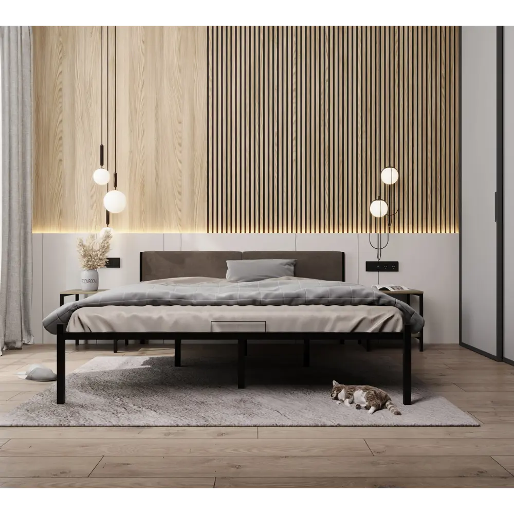 Фото 2 Кровать двуспальная с мягким изголовьем Roomiroom Bstone 160x200 см цвет черный/коричневый Фото 2 Кровать двуспальная с мягким изголовьем Roomiroom Bstone 160x200 см цвет черный/коричневый