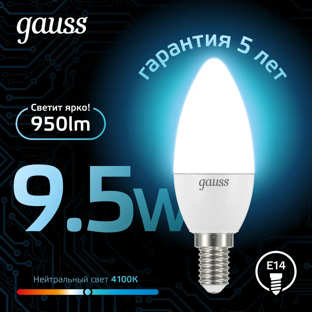 Фото 2 Набор ламп светодиодных Gauss E14 170-265В 9.5 Вт свеча матовая 950 Лм 10 шт Фото 2 Набор ламп светодиодных Gauss E14 170-265В 9.5 Вт свеча матовая 950 Лм 10 шт