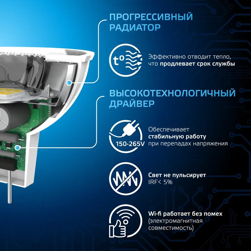 Фото 13 Набор ламп светодиодных Gauss GU5.3 7 Вт спот MR16 630 Лм 6500K холодный белый свет, 10 штук Фото 13 Набор ламп светодиодных Gauss GU5.3 7 Вт спот MR16 630 Лм 6500K холодный белый свет, 10 штук