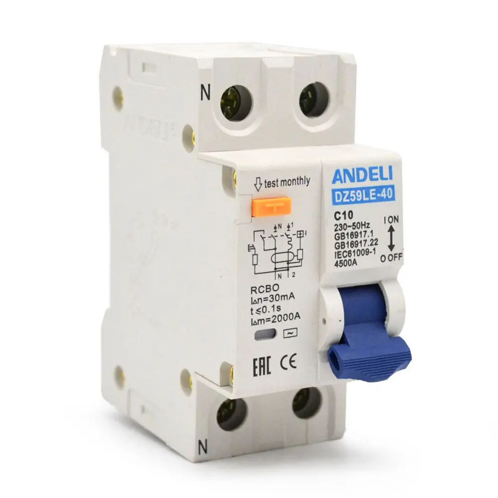 Фото Дифференциальный автомат Andeli ADL02-051 1P+N C10 А 30 мА 4.5 кА AC 252938