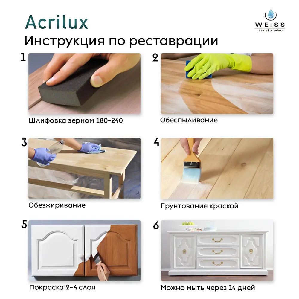 Фото 4 Краска для мебели и дерева моющаяся Acrilux без запаха полуматовая цвет светло-серая 1.1л