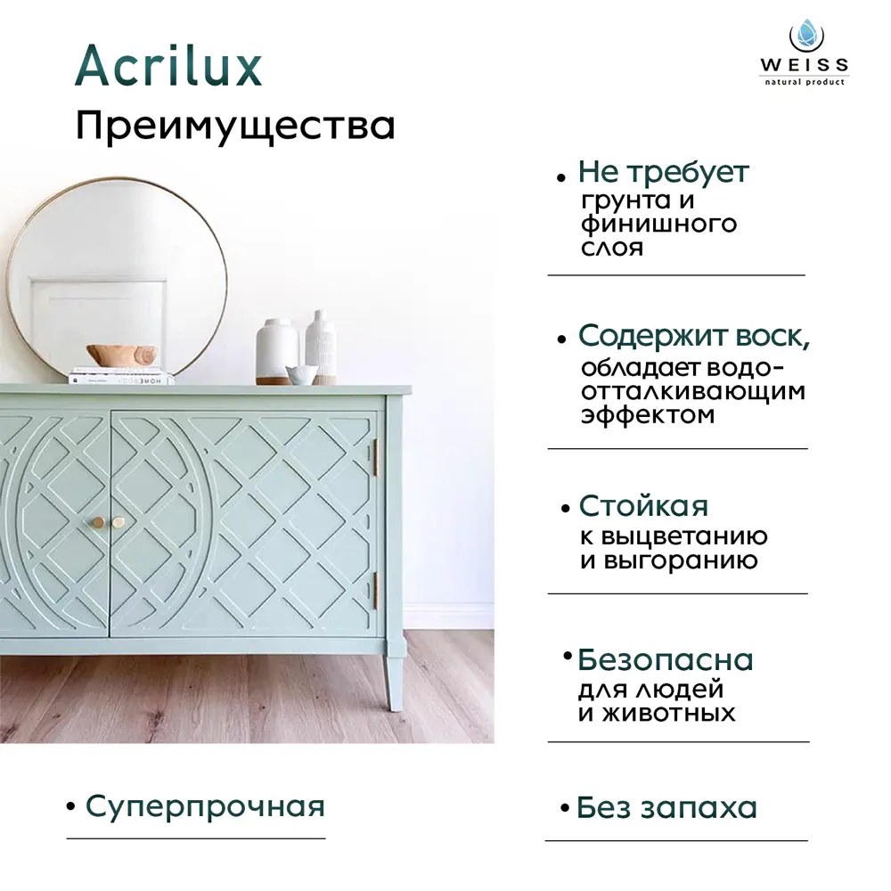 Фото 6 Краска для мебели и дерева моющаяся Acrilux без запаха полуматовая цвет светло-серая 1.1л