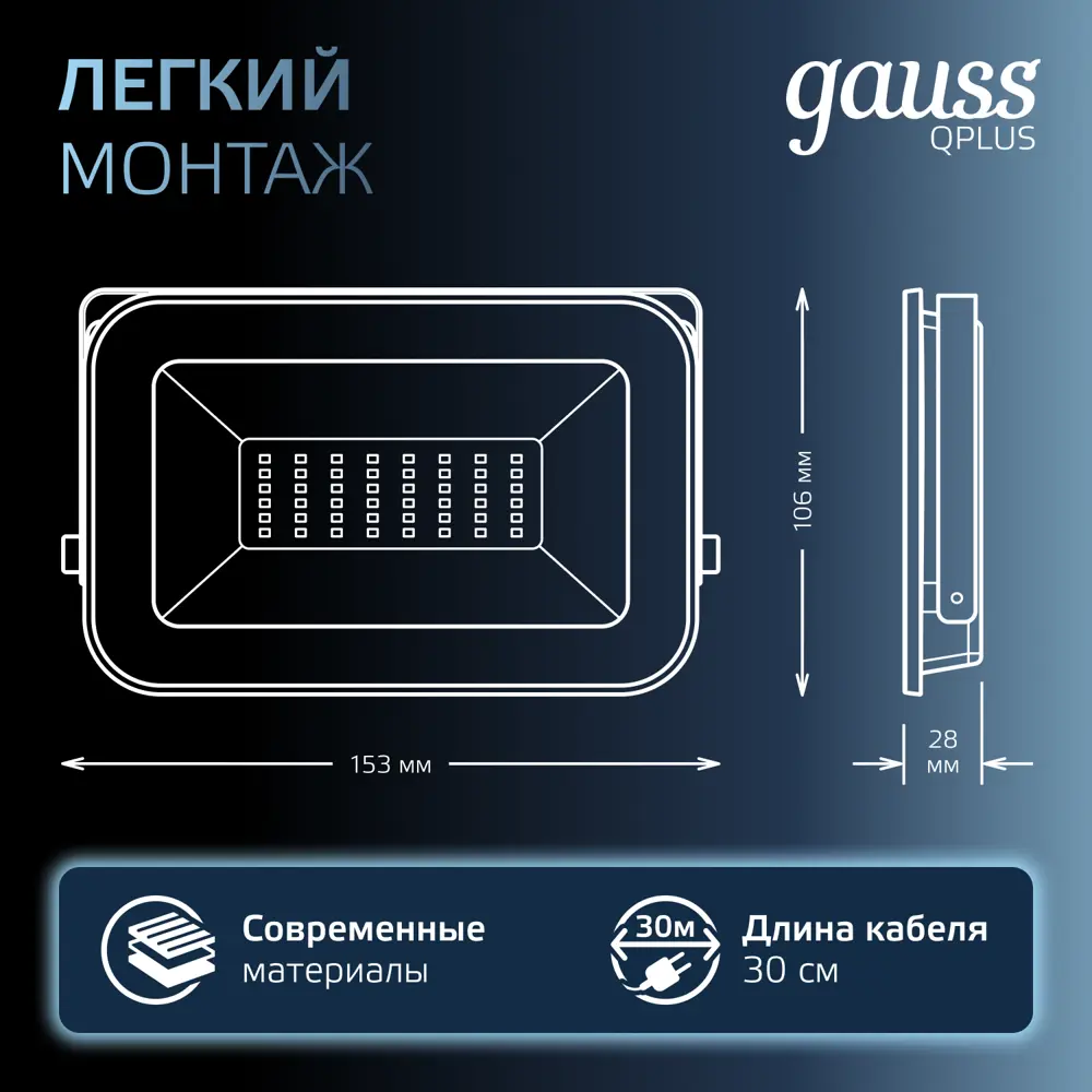Фото Прожектор светодиодный уличный Gauss 690511330 LED IP65 Qplus 30 Вт 6500K 2550 Лм 200-240 В холодный белый свет Фото Прожектор светодиодный уличный Gauss 690511330 LED IP65 Qplus 30 Вт 6500K 2550 Лм 200-240 В холодный белый свет