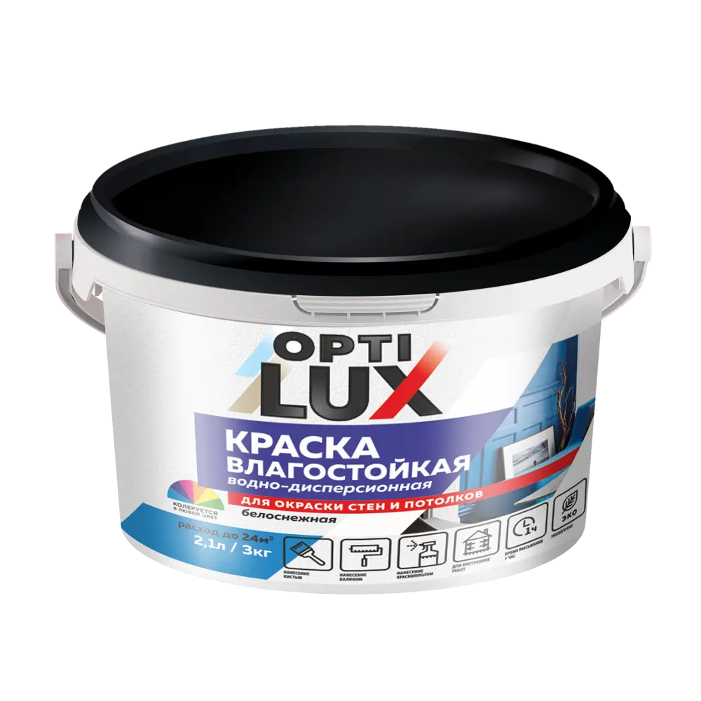 Фото Краска влагостойкая Оптилюкс 02228 белоснежная 3 кг Фото Краска влагостойкая Оптилюкс 02228 белоснежная 3 кг