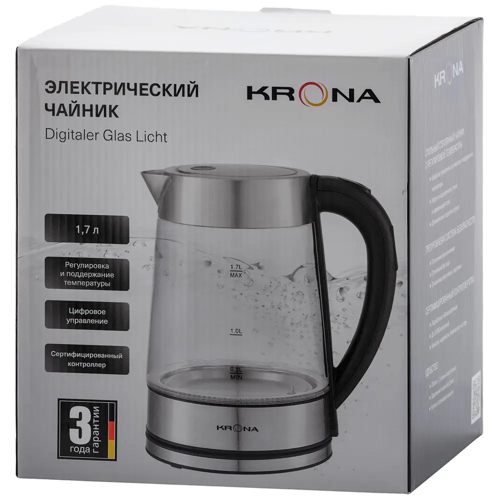 Фото 12 Чайник 1.7 л Krona Digitaler Glas Licht стекло цвет стекло, нержавеющая сталь