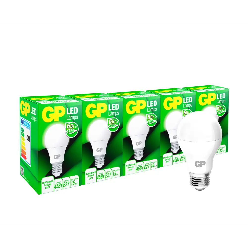 Фото Набор ламп светодиодных Gp Gp leda60-6we27-40k-2os5 E27 220-240 В 6 Вт груша матовая 560 Лм холодный белый (голубой) свет 5 шт Фото Набор ламп светодиодных Gp Gp leda60-6we27-40k-2os5 E27 220-240 В 6 Вт груша матовая 560 Лм холодный белый (голубой) свет 5 шт