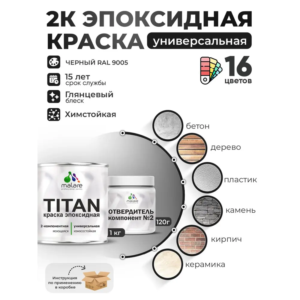 Фото 2 Краска эпоксидная двухкомпонентная Malare Titan высокопрочная цвет RAL 9005 черный 1 кг отвердитель 0.12 кг Фото 2 Краска эпоксидная двухкомпонентная Malare Titan высокопрочная цвет RAL 9005 черный 1 кг отвердитель 0.12 кг