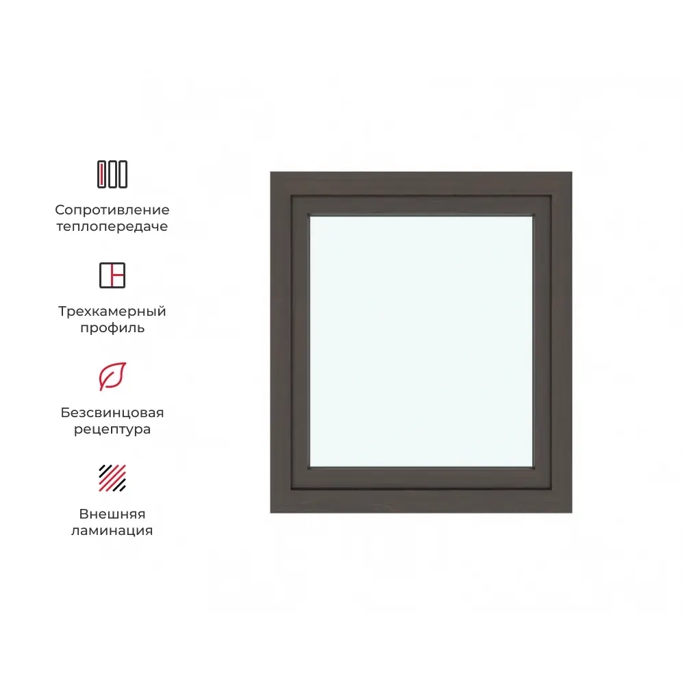 Фото Окно ПВХ Амега одностворчатое поворотно-откидное левое 90x80см двухкамерный стеклопакет темный дуб Фото Окно ПВХ Амега одностворчатое поворотно-откидное левое 90x80см двухкамерный стеклопакет темный дуб