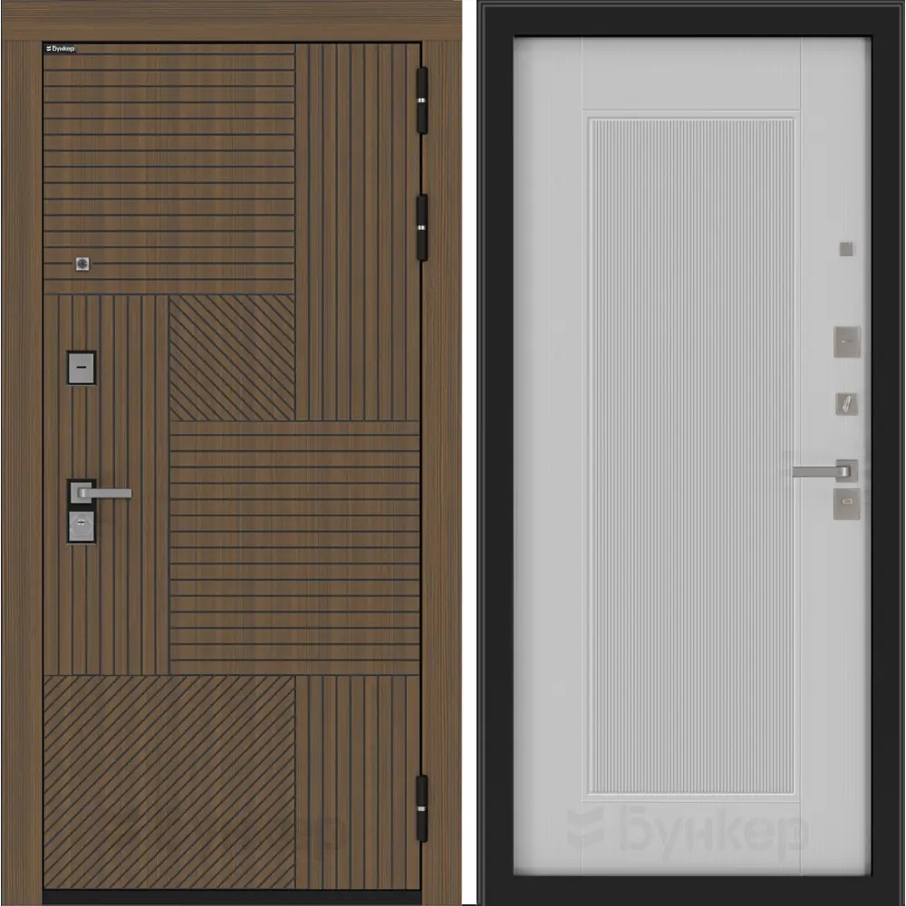 Фото Входная дверь Bunker BN-07 Ларче правый 205x96см с панелью «Амстрод» белый софт/ларче орех с черной патиной