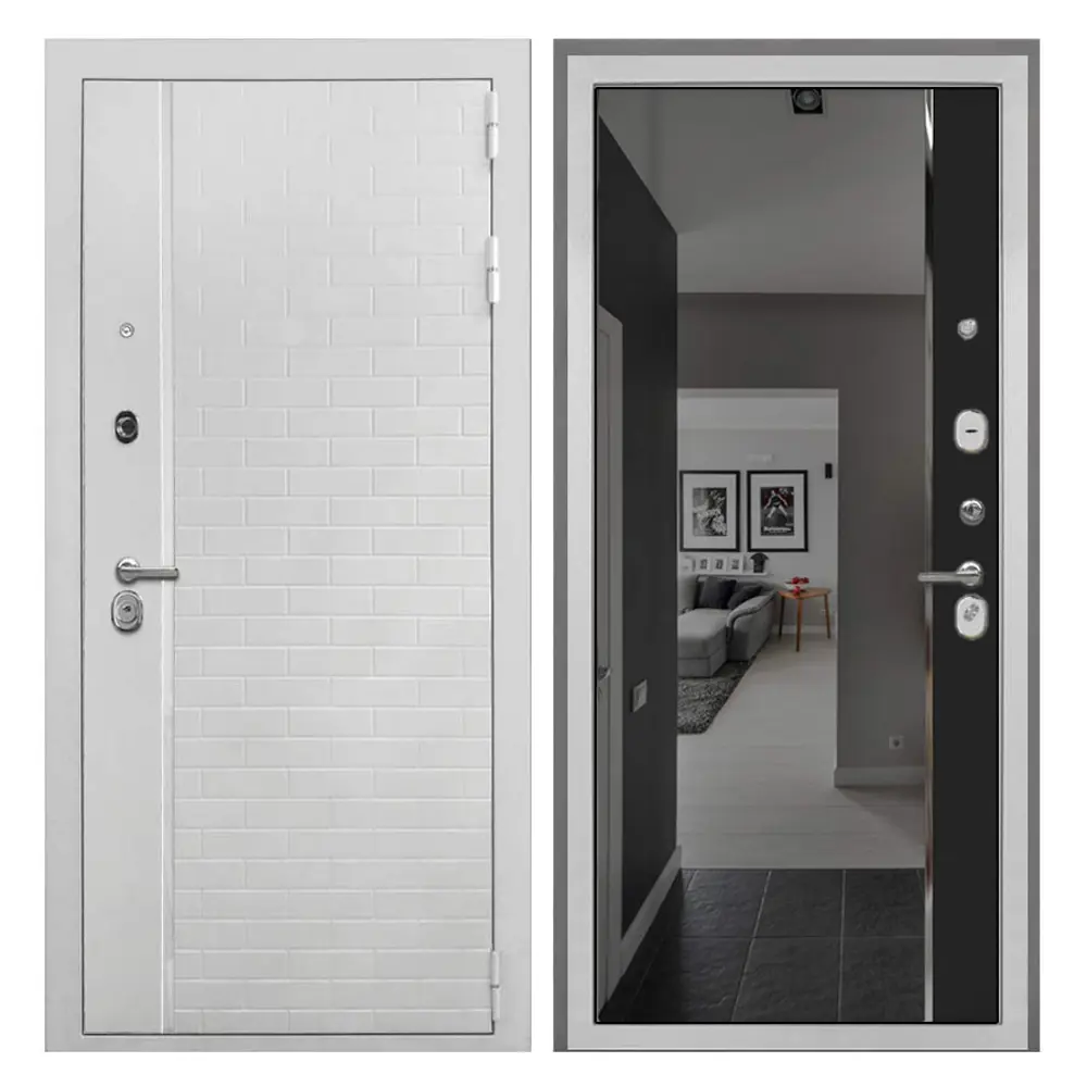 Фото Входная дверь Bunker Танго 205x96см правый цвет черный кварц/скол дуба белый с зеркалом