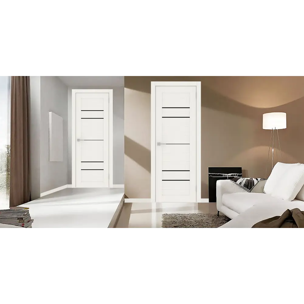 Фото 3 Комплект межкомнатной двери Лесма стиль Рондо 40 отделка стеклом black star 200x70см пленка ПВХ белое дерево с коробом и наличниками