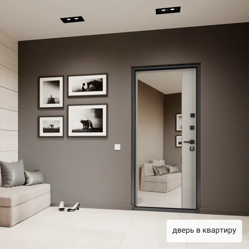 Фото 4 Входная дверь Torex Flat-M 205x95см правый цвет бьянко/темно-серый букле графит с зеркалом Фото 4 Входная дверь Torex Flat-M 205x95см правый цвет бьянко/темно-серый букле графит с зеркалом