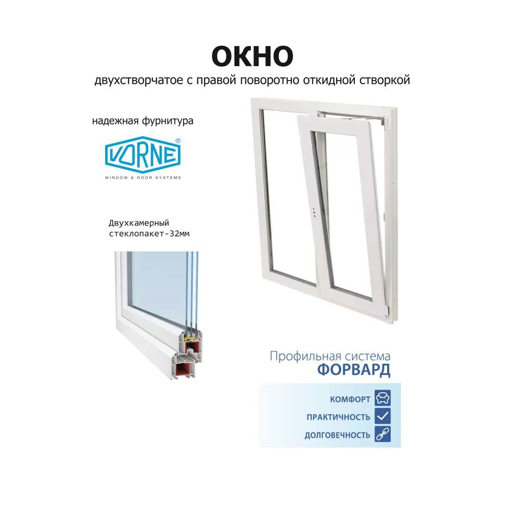 Фото 4 Пластиковое окно ПВХ Deceuninck двустворчатое правый 700x900мм (ВхШ) двухкамерный стеклопакет белый (с двух сторон)