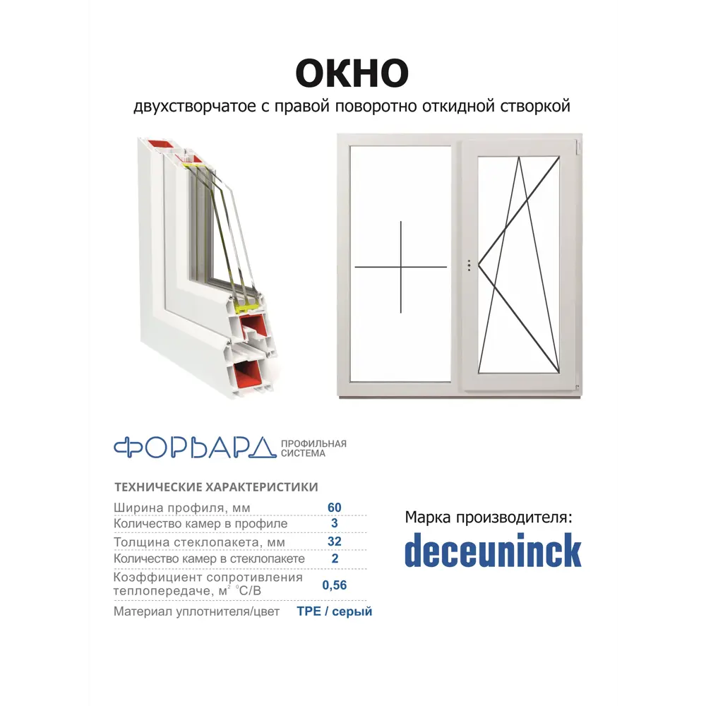 Фото 3 Пластиковое окно ПВХ Deceuninck двустворчатое правый 1600x1500мм (ВхШ) двухкамерный стеклопакет белый (с двух сторон)