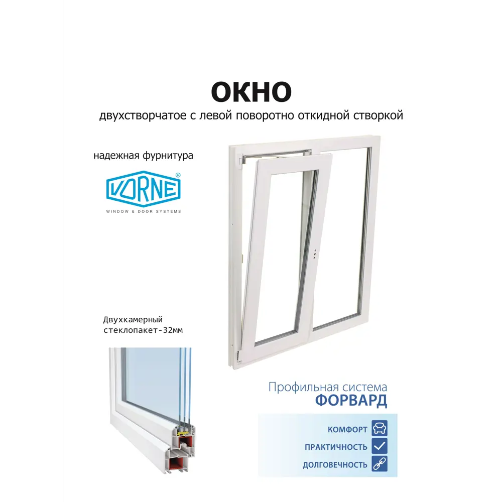 Фото 4 Пластиковое окно ПВХ Deceuninck двустворчатое левый 1200x900мм (ВхШ) двухкамерный стеклопакет белый (с двух сторон)