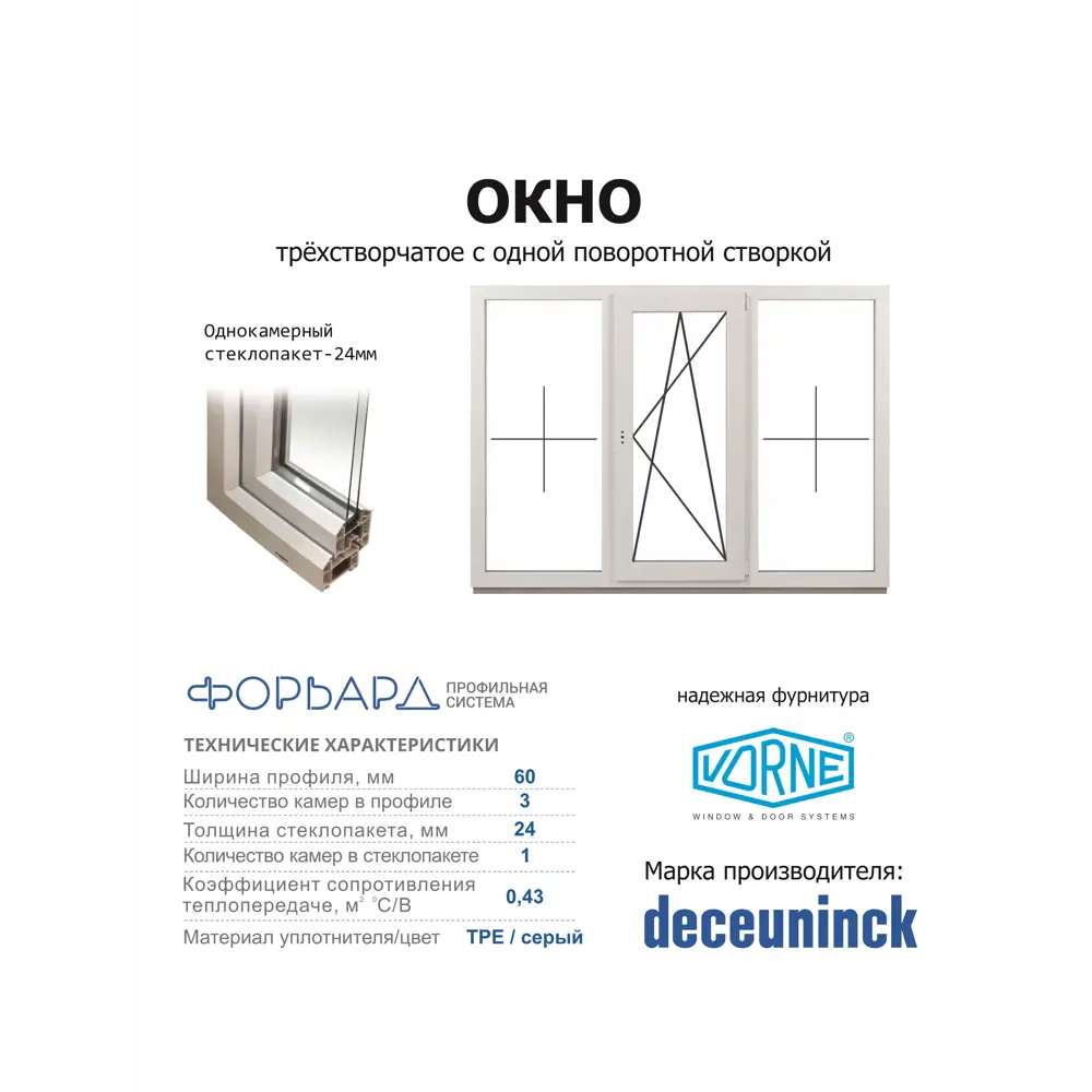 Фото 2 Пластиковое окно ПВХ Deceuninck трехстворчатое 700x1900мм (ВхШ) однокамерный стеклопакет белый Фото 2 Пластиковое окно ПВХ Deceuninck трехстворчатое 700x1900мм (ВхШ) однокамерный стеклопакет белый