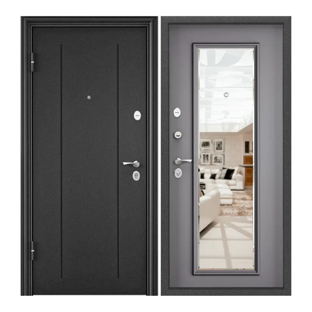 Фото Входная дверь для квартиры Torex Flat-M 205x86см левый цвет гриджио/темно-серый букле графит с зеркалом Фото Входная дверь для квартиры Torex Flat-M 205x86см левый цвет гриджио/темно-серый букле графит с зеркалом