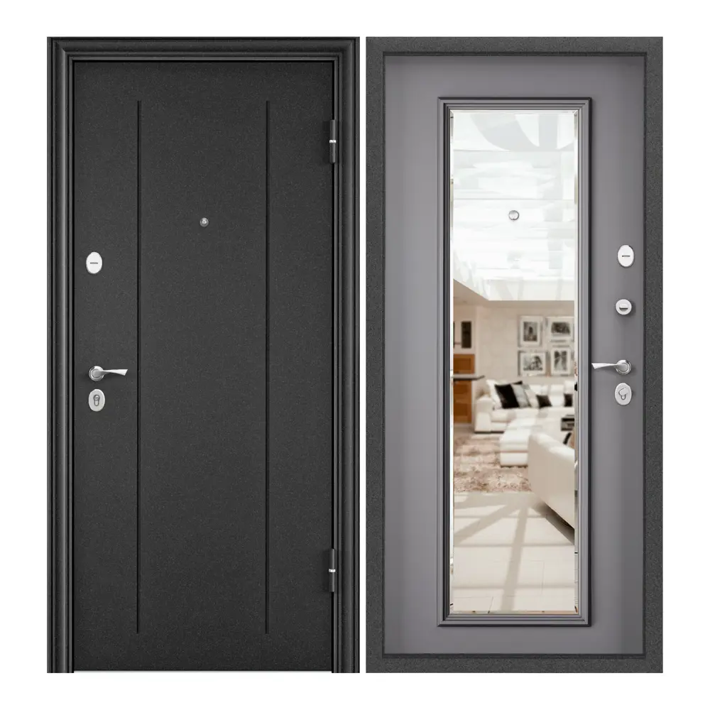Фото Входная дверь для квартиры Torex Flat-M 210x95см правый цвет гриджио/темно-серый букле графит с зеркалом Фото Входная дверь для квартиры Torex Flat-M 210x95см правый цвет гриджио/темно-серый букле графит с зеркалом