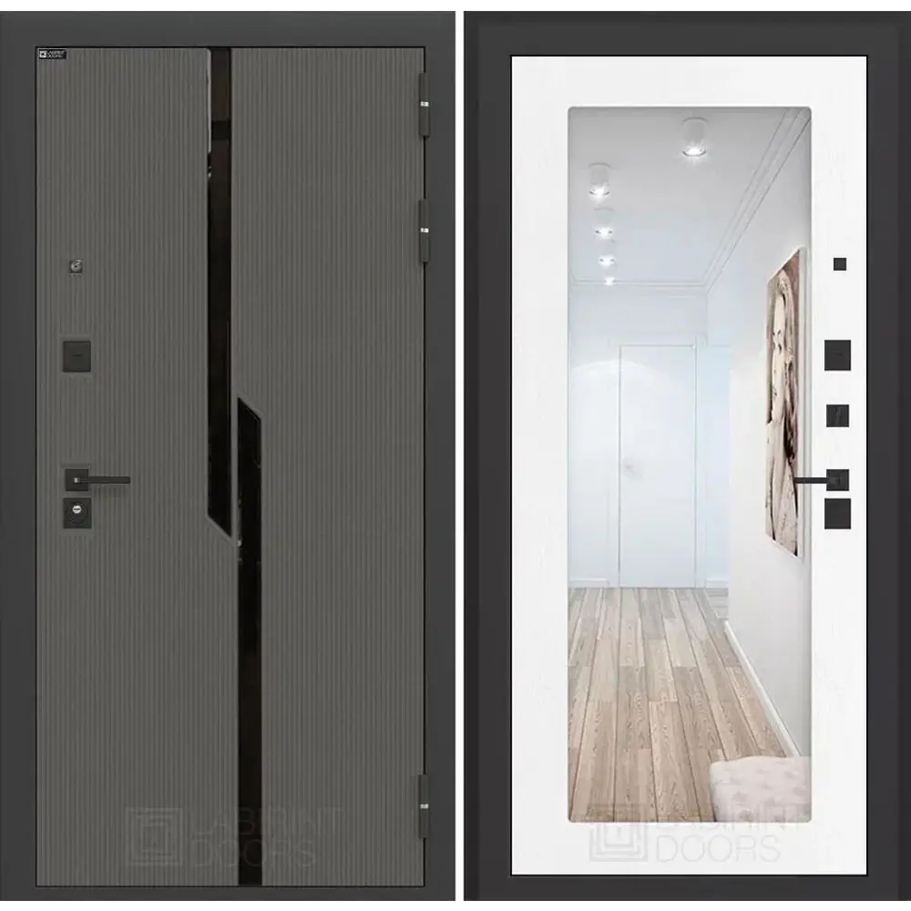 Фото Входная дверь Labirintdoors Карбон 205x96см правый цвет белое дерево/лофт графит с зеркалом П18 Фото Входная дверь Labirintdoors Карбон 205x96см правый цвет белое дерево/лофт графит с зеркалом П18
