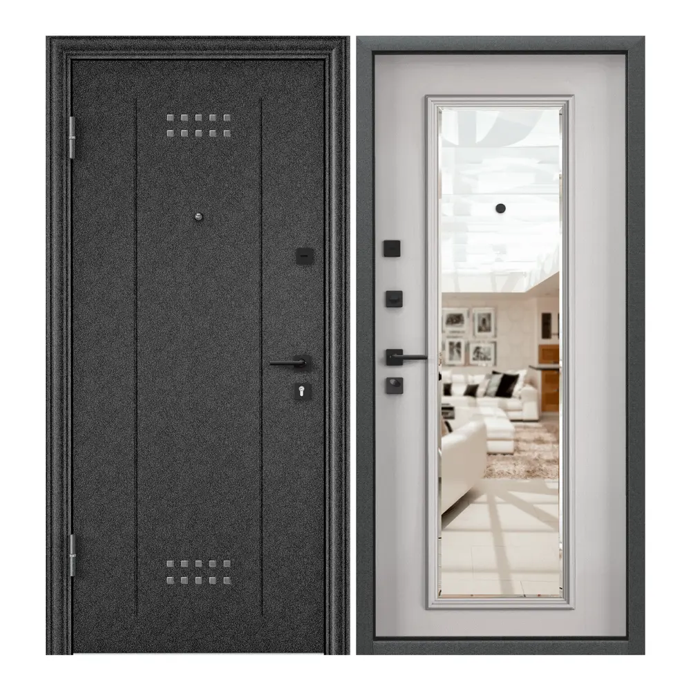 Фото Входная дверь Torex Flat-M 1 205x95см левый цвет бьянко/черный шелк с зеркалом Фото Входная дверь Torex Flat-M 1 205x95см левый цвет бьянко/черный шелк с зеркалом