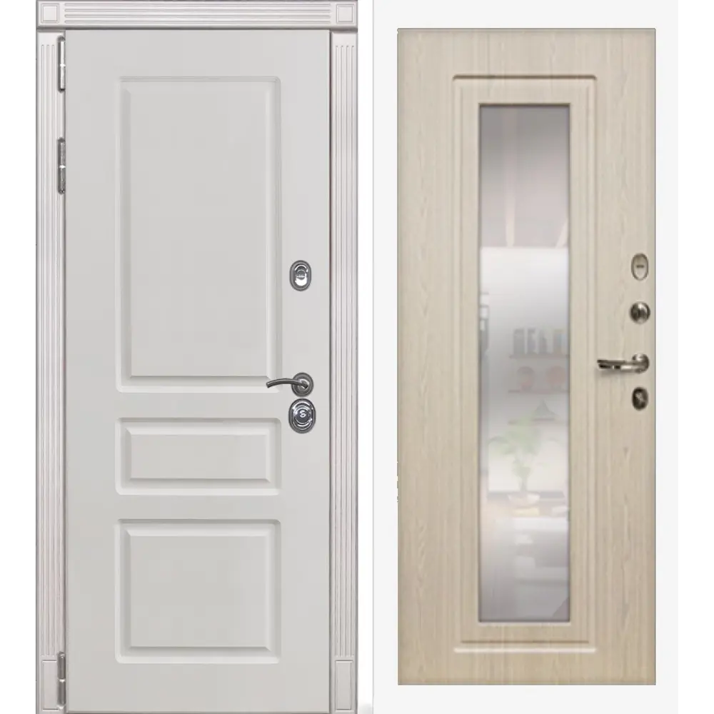 Фото Входная дверь Lex Император №19 205x88см правый цвет дуб беленый 23/белый с зеркалом Фото Входная дверь Lex Император №19 205x88см правый цвет дуб беленый 23/белый с зеркалом