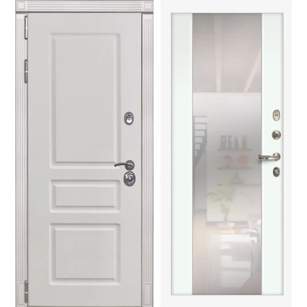 Фото Входная дверь Lex Император №19 205x88см левый цвет шагрень белая 61.1/белый с зеркалом Фото Входная дверь Lex Император №19 205x88см левый цвет шагрень белая 61.1/белый с зеркалом