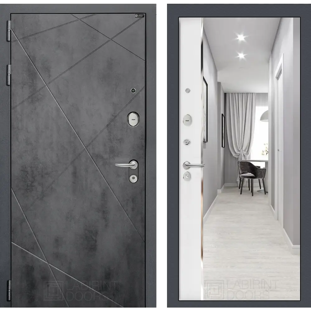 Фото Входная дверь Labirintdoors Лофт 205x88см левый цвет белый софт/бетон темный с зеркалом Фото Входная дверь Labirintdoors Лофт 205x88см левый цвет белый софт/бетон темный с зеркалом