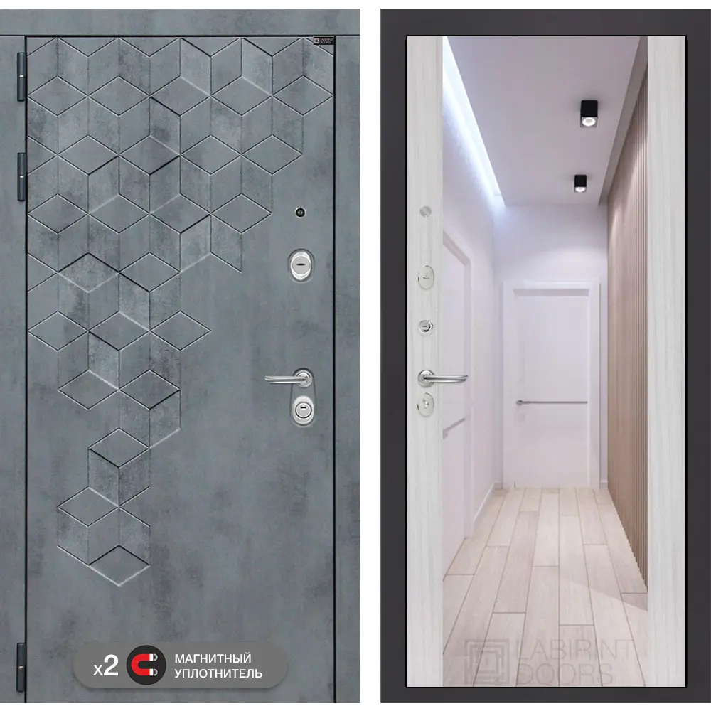 Фото Входная дверь Labirintdoors Бетон зеркало ФЛЗ-1 левый 205x96см цвет бетон темный/сандал белый Фото Входная дверь Labirintdoors Бетон зеркало ФЛЗ-1 левый 205x96см цвет бетон темный/сандал белый
