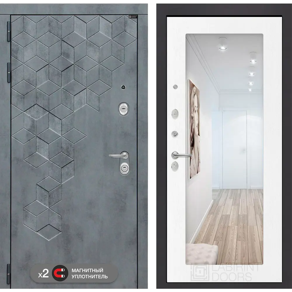 Фото Входная дверь Labirintdoors Бетон зеркало П18 левый 205x96см цвет бетон темный/белое дерево Фото Входная дверь Labirintdoors Бетон зеркало П18 левый 205x96см цвет бетон темный/белое дерево