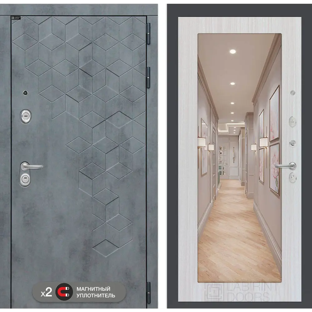 Фото Входная дверь Labirintdoors Бетон зеркало П18 правый 205x88см цвет бетон темный/сандал белый