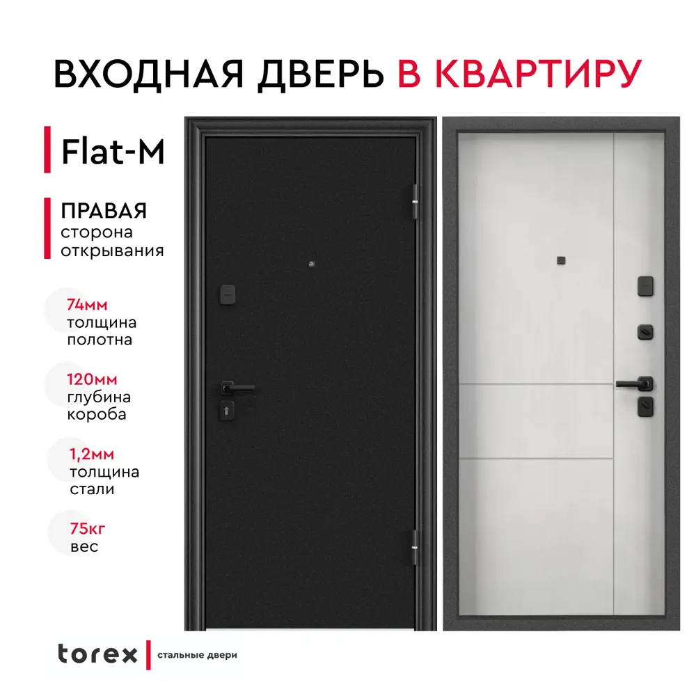 Фото Входная дверь Torex Flat-M правый 205x95см цвет темно-серый букле графит/бетон известковый замки 4-го и 2-го класса Фото Входная дверь Torex Flat-M правый 205x95см цвет темно-серый букле графит/бетон известковый замки 4-го и 2-го класса
