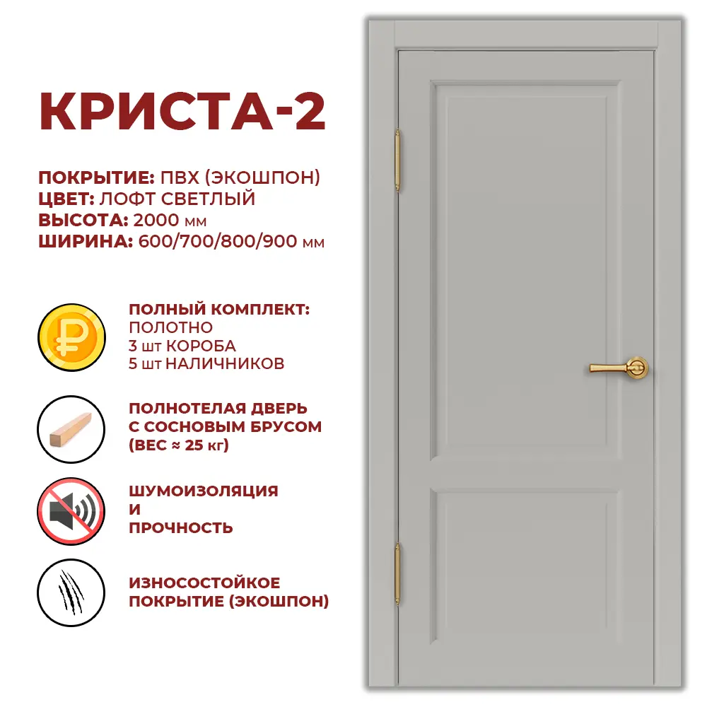 Фото Комплект межкомнатной двери Дверные решения Криста-2 глухая 200x90см ПВХ цвет лофт светлый с коробом и наличниками Фото Комплект межкомнатной двери Дверные решения Криста-2 глухая 200x90см ПВХ цвет лофт светлый с коробом и наличниками